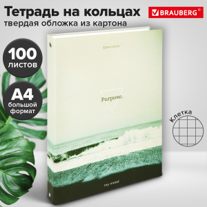 Тетрадь на кольцах БОЛЬШАЯ А4, 215х305 мм, 100 л., твердый картон, клетка, BRAUBERG, "Nature", 40541