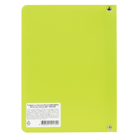 Тетрадь на кольцах А5 (160х215мм) 80л. BRAUBERG "Салатовый", пластик, клетка