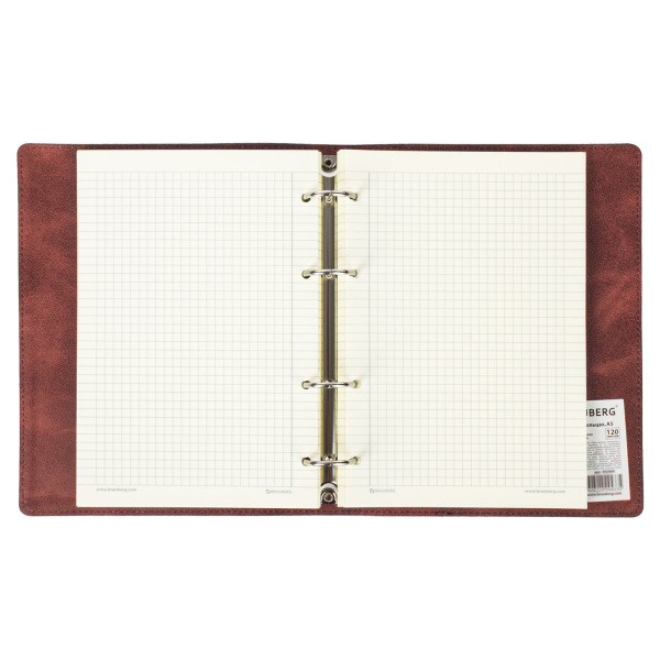 Тетрадь на кольцах А5 (180х220мм) 120л. BRAUBERG "Main", под кожу, клетка, коричневая