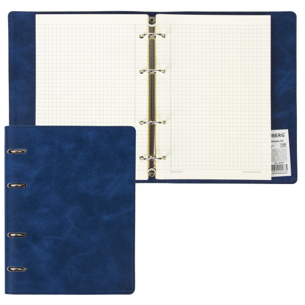 Тетрадь на кольцах А5 (148*218мм) 120л. BRAUBERG "Main", экокожа, синяя