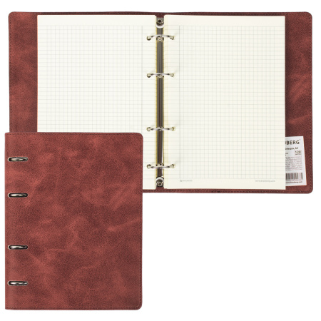 Тетрадь на кольцах А5 (180х220мм) 120л. BRAUBERG "Main", под кожу, клетка, коричневая