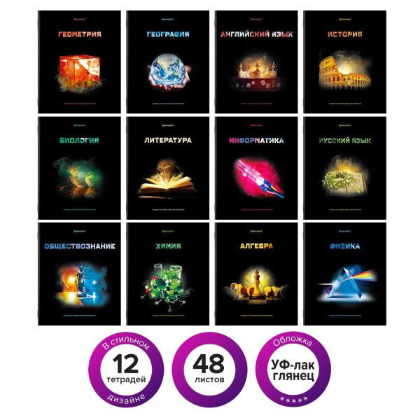 Тетради предметные, КОМПЛЕКТ 12 ПРЕДМЕТОВ, "SHADE", 48 л., глянцевый УФ-лак, BRAUBERG
