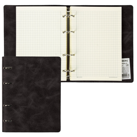 Тетрадь на кольцах А5 (180х220мм) 120л. BRAUBERG "Main", под кожу, клетка, черная