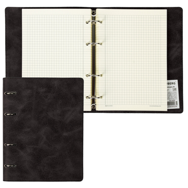 Тетрадь на кольцах А5 (180х220мм) 120л. BRAUBERG "Main", под кожу, клетка, черная