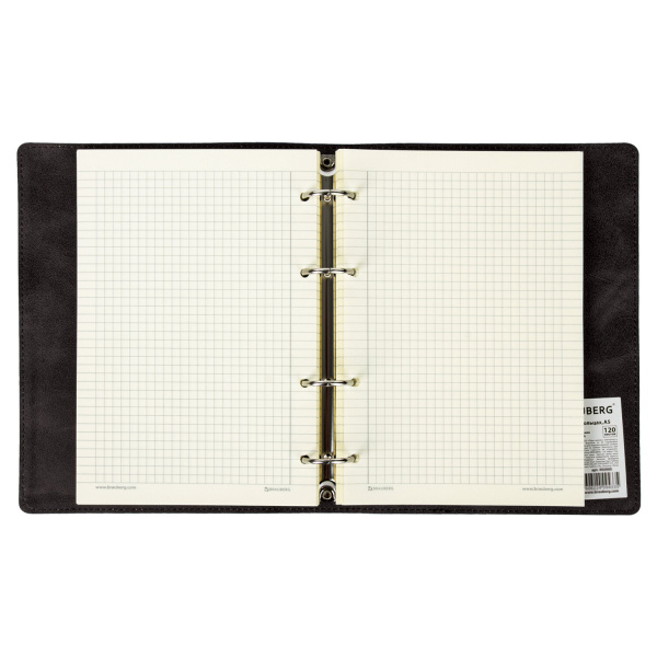 Тетрадь на кольцах А5 (180х220мм) 120л. BRAUBERG "Main", под кожу, клетка, черная