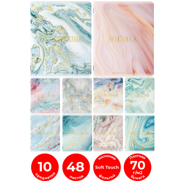 Тетради предметные, КОМПЛЕКТ 10 ПРЕДМЕТОВ, PASTEL, 48л, SoftTouch, фольга, BRAUBERG