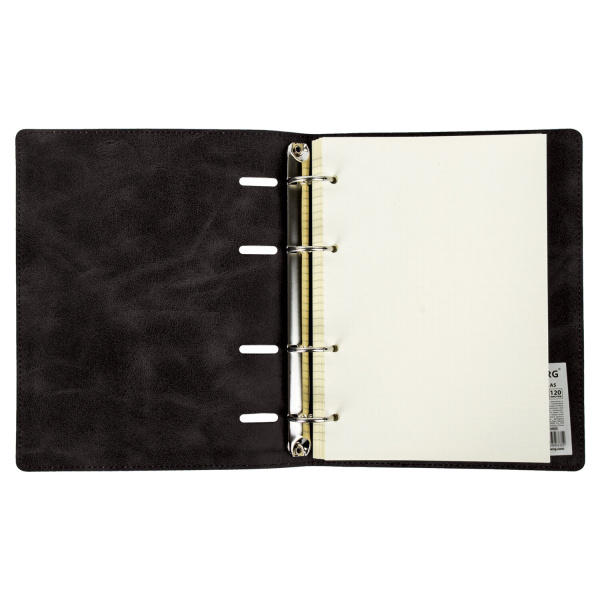 Тетрадь на кольцах А5 (180х220мм) 120л. BRAUBERG "Main", под кожу, клетка, черная