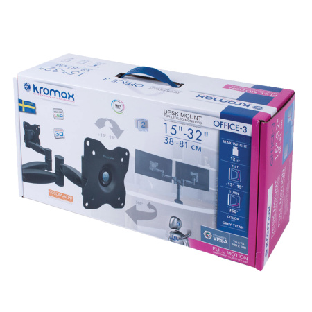 Кронштейн для 2 мониторов настольный KROMAX OFFICE-3, VESA 75/100, 10"-24", до 2х10 кг, 7 степеней с