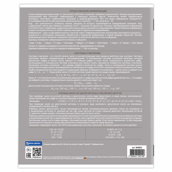 Тетрадь предметная ЗНАНИЯ 36л, обл. мелов. бумага, ИНФОРМАТИКА, клетка, подсказ, BRAUBERG